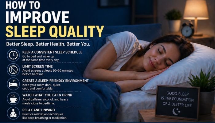 How to improve sleep quality infographic showing healthy sleep tips and a woman sleeping peacefully